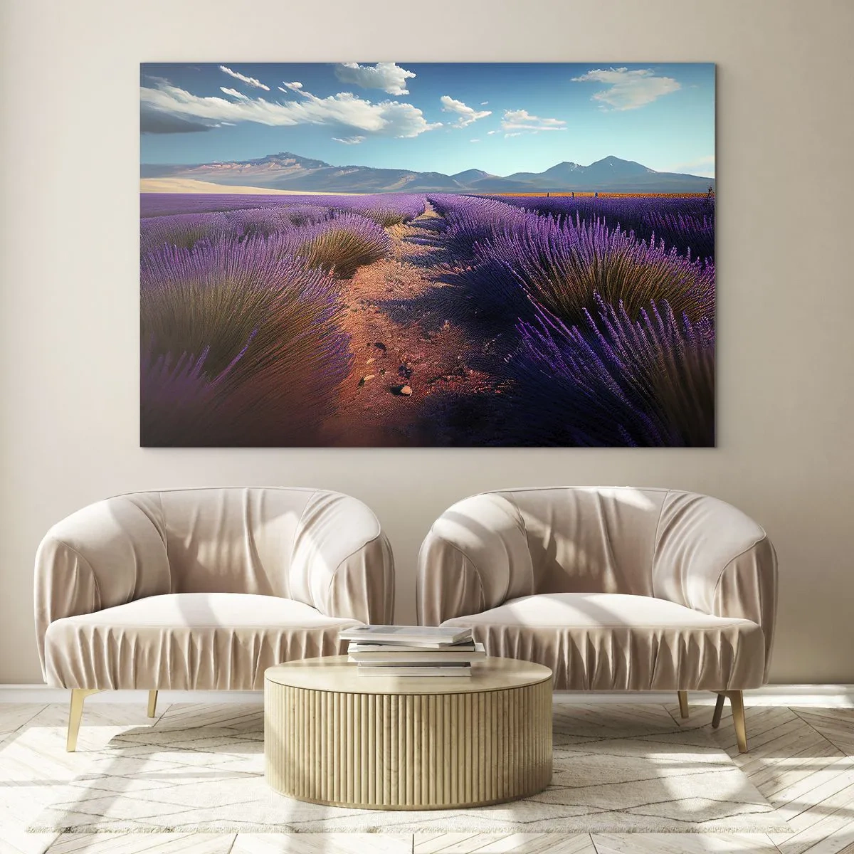 Obraz na szkle - Lawendowe pola o zachodzie słońca z widokiem na góry - 70x50cm - Pachnące pola - Nowoczesna dekoracja ścienna do salonu i sypialni ARTTOR