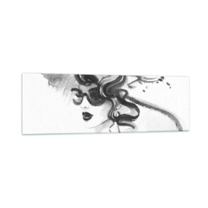 Obraz na szkle - Elegancka kobieta w kapeluszu w czarno-białym stylu - 160x50cm - Dama z charakterem - Nowoczesna dekoracja ścienna do salonu i sypialni ARTTOR