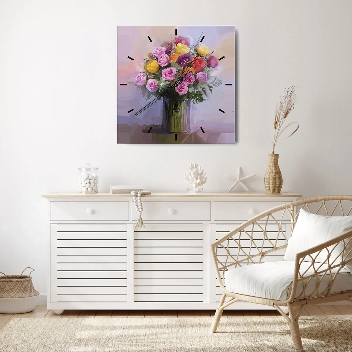 Zegar ścienny - Bukiet kolorowych róż w szklanym wazonie - 30x30cm - Zatrzymane piękno - Nowoczesna dekoracja ścienna do salonu i sypialni ARTTOR