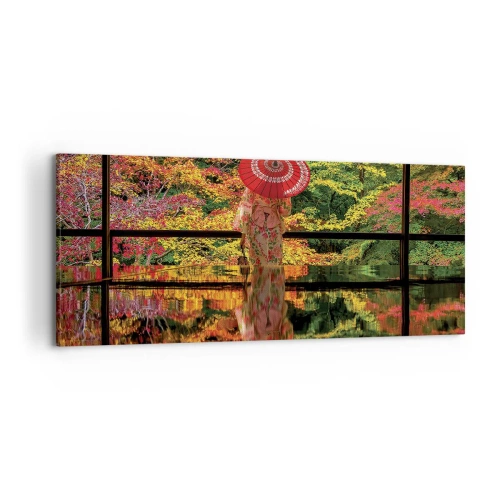 Obraz na płótnie - Kobieta w kimonie z parasolem na tle jesiennego krajobrazu - 120x50cm - W świątyni natury - Nowoczesna dekoracja ścienna do salonu i sypialni ARTTOR