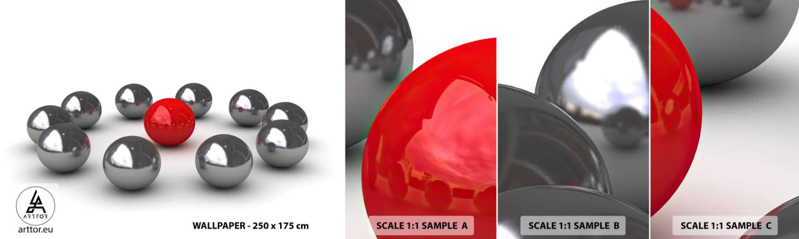 Fototapeta Próbka Samoprzylepna Deluxe Sticker - Krąg w srebrze i czerwieni - Abstrakcja, 3D, Okrągłe Kule - 100x30 cm