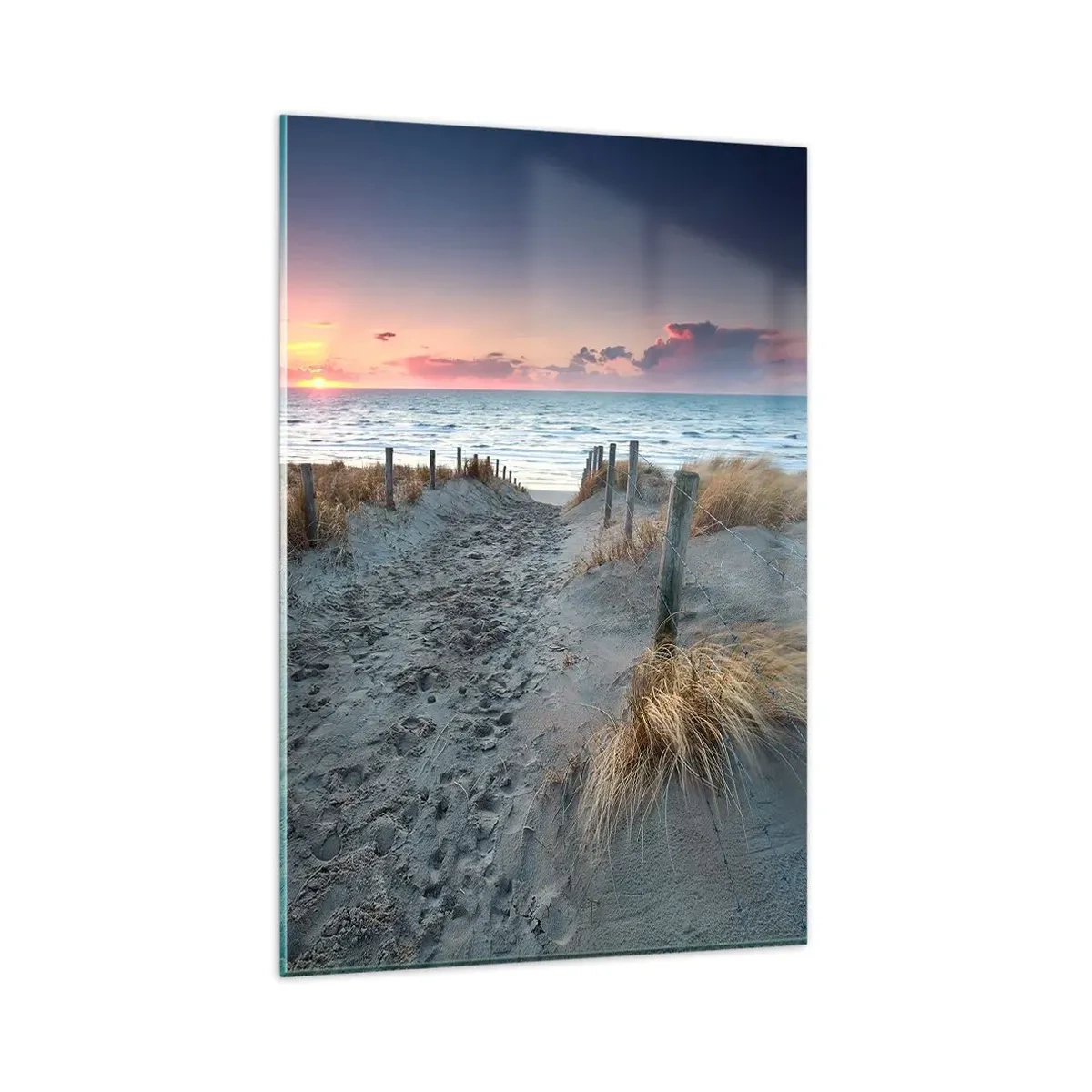 Obraz na szkle - Ścieżka prowadząca na plażę o zachodzie słońca - 80x120cm - Rozlałeś tęczę blasków promienistą… - Nowoczesna dekoracja ścienna do salonu i sypialni ARTTOR