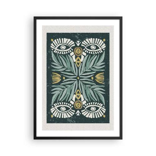Plakat w czarnej ramie - Symetryczny wzór z liśćmi i oczami na ciemnym tle - 50x70cm - Jak ludowa wycinanka - Nowoczesna dekoracja ścienna do salonu i sypialni ARTTOR