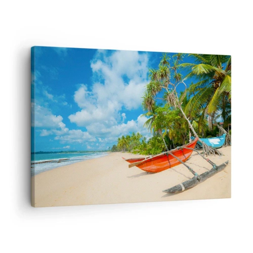 Obraz na płótnie - Tropikalna plaża z palmami i kolorowymi łodziami - 70x50cm - Urok tropików - Nowoczesna dekoracja ścienna do salonu i sypialni ARTTOR
