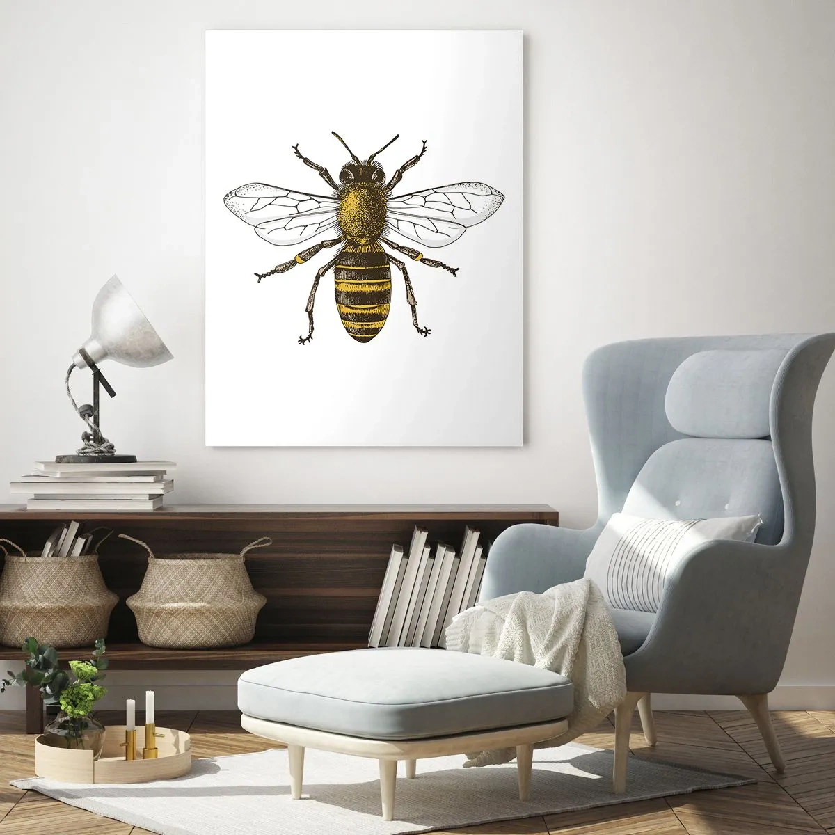 Obraz na szkle - Szczegółowa ilustracja pszczoły na białym tle - 50x70cm - Piękna i dobra - Nowoczesna dekoracja ścienna do salonu, kuchni i sypialni ARTTOR
