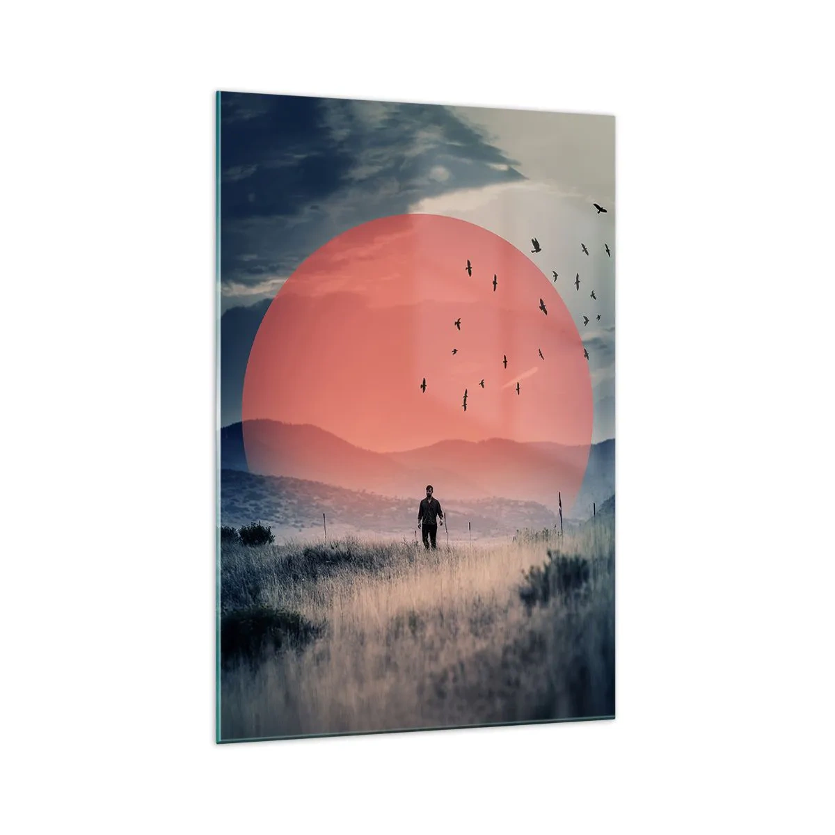 Obraz na szkle - Sylwetka mężczyzny na polu z wielkim czerwonym słońcem w tle - 70x100cm - W swoich żywiołach - Nowoczesna dekoracja ścienna do salonu i sypialni ARTTOR