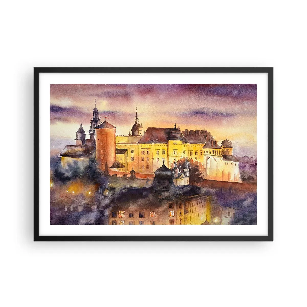 Plakat w czarnej ramie - Malowniczy obraz zamku o zachodzie słońca w akwarelowym stylu - 70x50cm - Historia i baśń - Nowoczesna dekoracja ścienna do salonu i sypialni ARTTOR