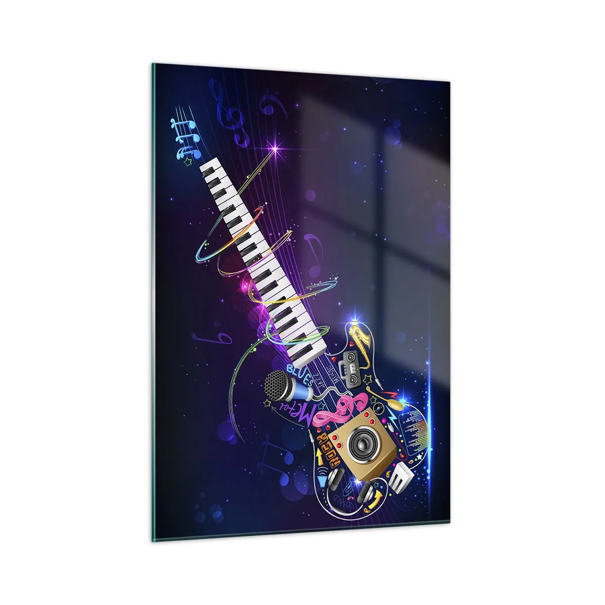 Obraz na szkle - Kolorowa kompozycja muzyczna z instrumentami i nutami - 50x70cm - I wszystko gra - Nowoczesna dekoracja ścienna do salonu, kuchni i sypialni ARTTOR