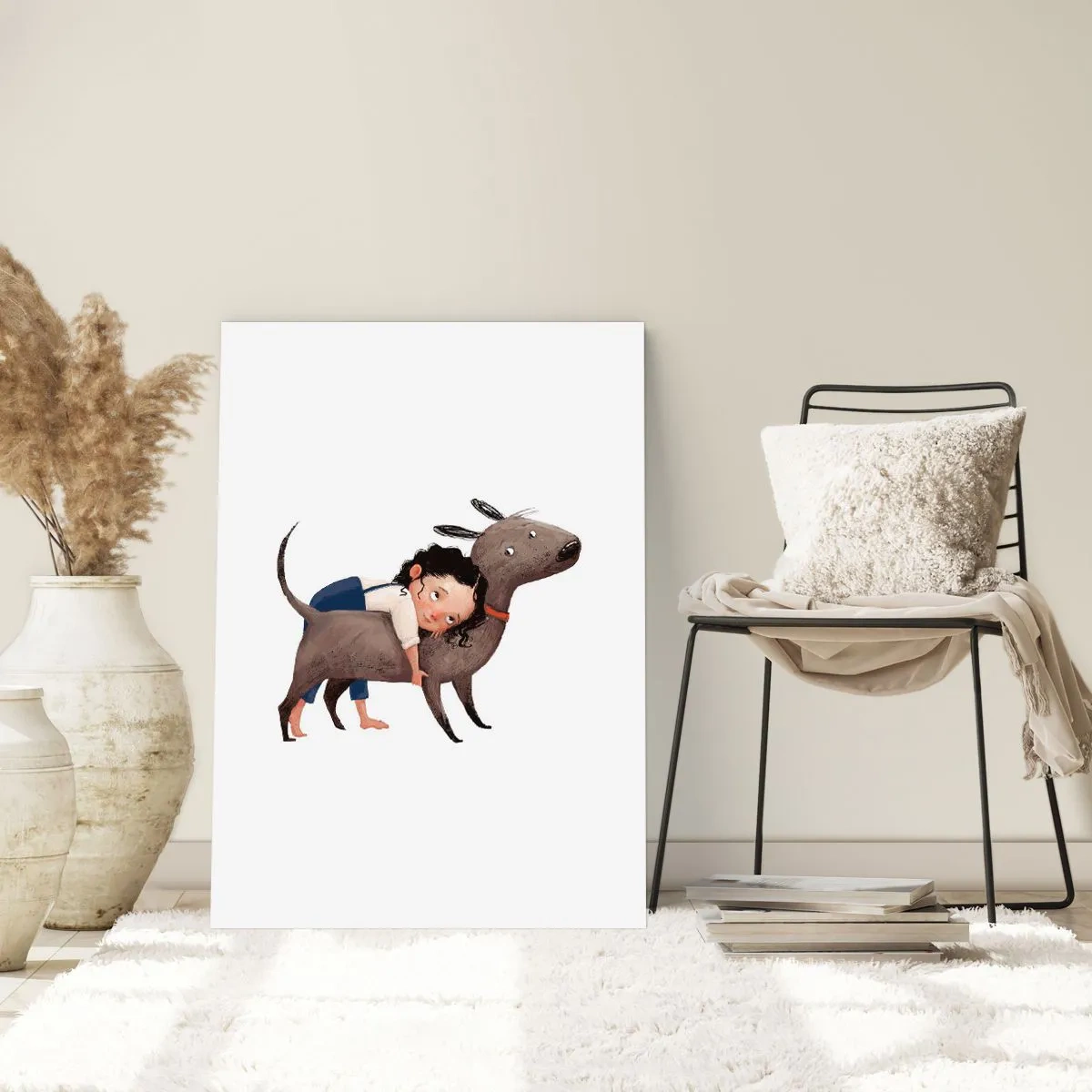 Plakat - Ilustracja dziecka tulącego psa na białym tle - 50x70cm - Najlepsi przyjaciele - Nowoczesna dekoracja ścienna do salonu, kuchni i sypialni ARTTOR