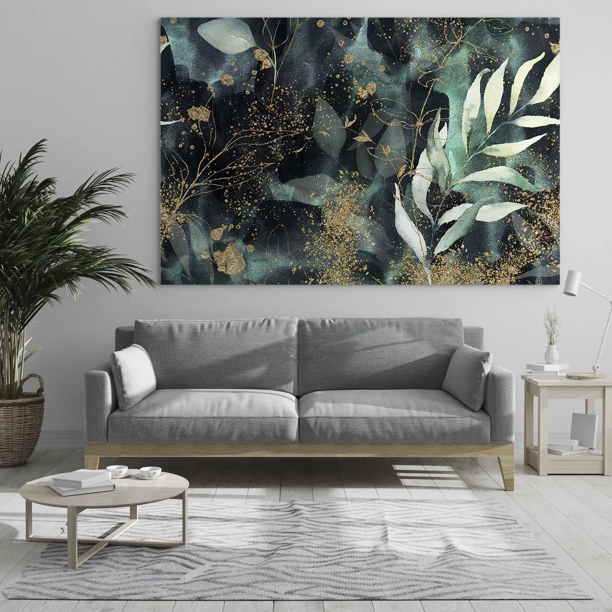 Obraz na szkle - Złote i zielone liście na ciemnym tle - 70x50cm - Zaczarowany ogród - Nowoczesna dekoracja ścienna do salonu i sypialni ARTTOR