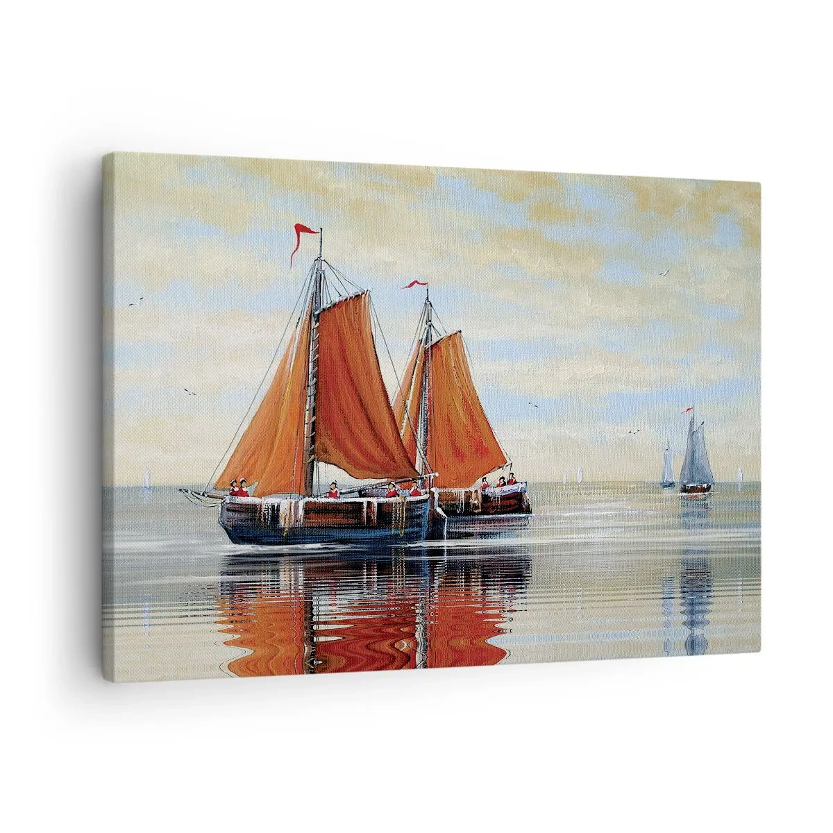 Obraz na płótnie - Dwumasztowe żaglówki na spokojnej wodzie - 70x50cm - Hej, żeglujże, żeglarzu… - Nowoczesna dekoracja ścienna do salonu i sypialni ARTTOR