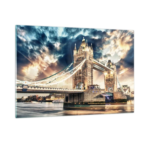 Obraz na szkle - Tower Bridge w Londynie na tle dramatycznego nieba - 120x80cm - Pomnik wiktoriańskiego imperium - Nowoczesna dekoracja ścienna do salonu, kuchni i sypialni ARTTOR