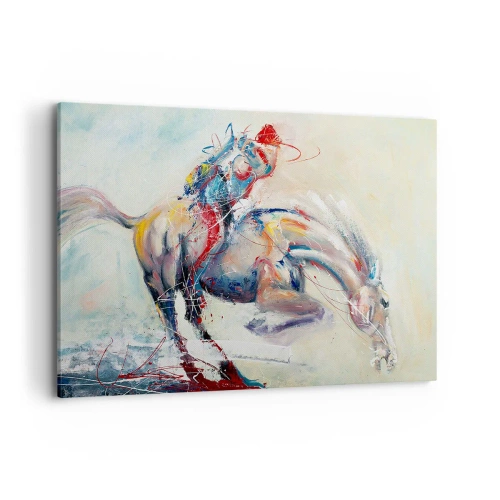Obraz na płótnie - Dynamiczny obraz konia w abstrakcyjnym stylu artystycznym - 120x80cm - Trzymaj się, lecimy - Nowoczesna dekoracja ścienna do salonu, kuchni i sypialni ARTTOR