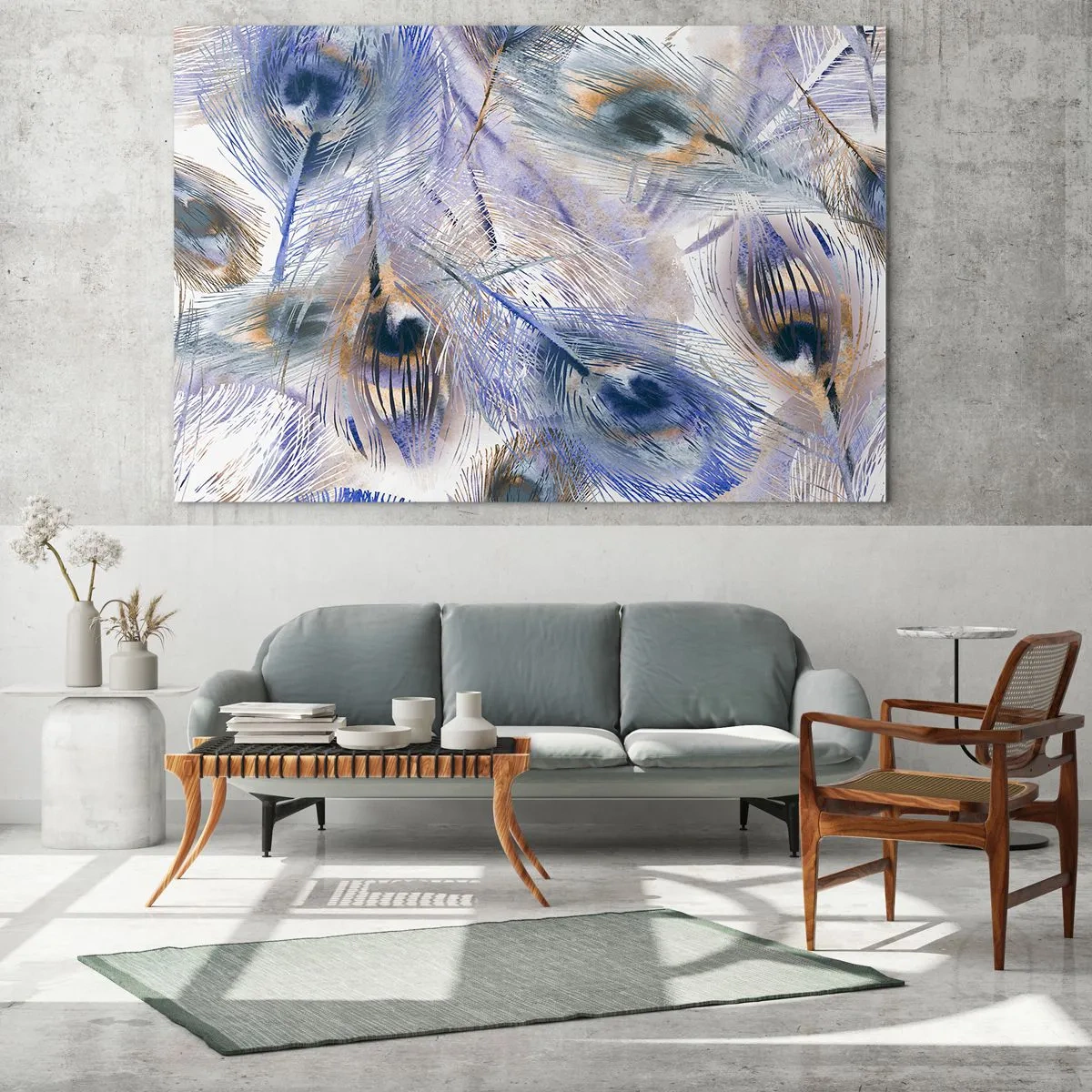 Obraz na szkle - Delikatne pióra pawia w odcieniach niebieskiego i brązu - 100x70cm - Pawiooka kompozycja - Nowoczesna dekoracja ścienna do salonu, kuchni i sypialni ARTTOR