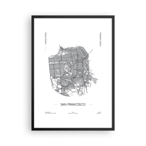Plakat w czarnej ramie - Minimalistyczna mapa San Francisco w czarno-białej tonacji - 50x70cm - Anatomia San Francisco - Nowoczesna dekoracja ścienna do salonu i sypialni ARTTOR