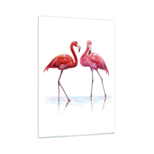 Obraz na szkle - Dwa różowe flamingi stojące w wodzie - 50x70cm - Różowe randez-vous - Nowoczesna dekoracja ścienna do salonu, kuchni i sypialni ARTTOR