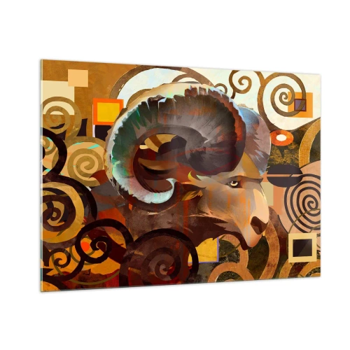 Obraz na szkle - Artystyczny wizerunek barana w geometrycznej i spiralnej kompozycji - 100x70cm - Magie - religie - rytuały - Nowoczesna dekoracja ścienna do salonu, kuchni i sypialni ARTTOR