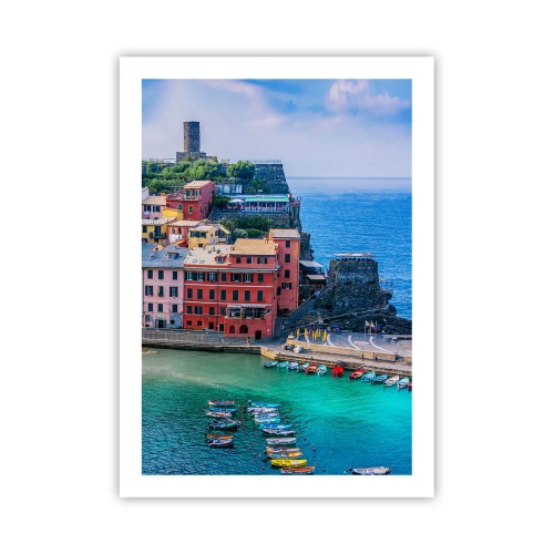 Plakat - Kolorowe miasteczko nad błękitnym morzem - 50x70cm - Śródziemnomorskie magiczne miasteczko - Nowoczesna dekoracja ścienna do salonu, kuchni i sypialni ARTTOR