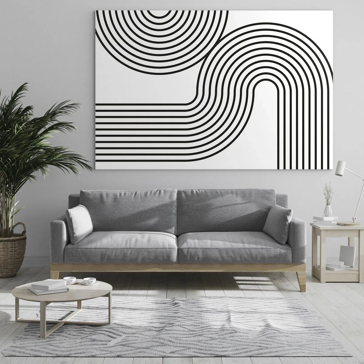 Obraz na szkle - Czarno-biała grafika z zakrzywionymi równoległymi liniami - 70x50cm - Na zakręcie - Nowoczesna dekoracja ścienna do salonu i sypialni ARTTOR