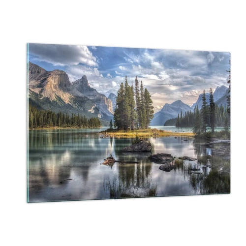 Obraz na szkle - Malownicze jezioro z wyspą i górami w tle - 120x80cm - Nad wodą wielką i czystą… - Nowoczesna dekoracja ścienna do salonu, kuchni i sypialni ARTTOR