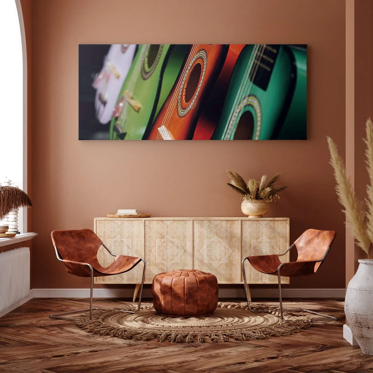 Obraz na płótnie - Kolorowe gitary w różnych odcieniach ułożone w szeregu - 140x50cm - Gitara ma wiele barw - Nowoczesna dekoracja ścienna do salonu i sypialni ARTTOR