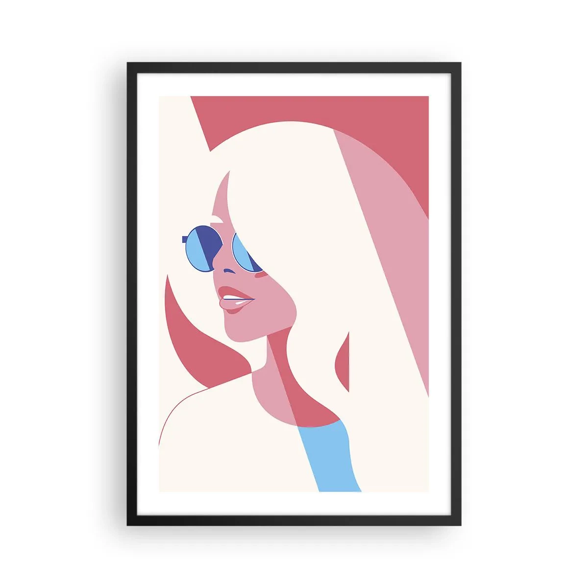 Plakat w czarnej ramie - Stylizowany portret kobiety w okularach przeciwsłonecznych - 50x70cm - To była blondynka… - Nowoczesna dekoracja ścienna do salonu i sypialni ARTTOR