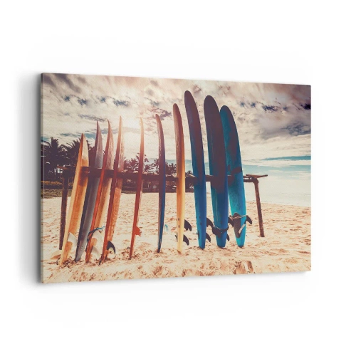 Obraz na płótnie - Deski surfingowe na plaży o zachodzie słońca - 100x70cm - Dobranoc, do jutra - Nowoczesna dekoracja ścienna do salonu, kuchni i sypialni ARTTOR