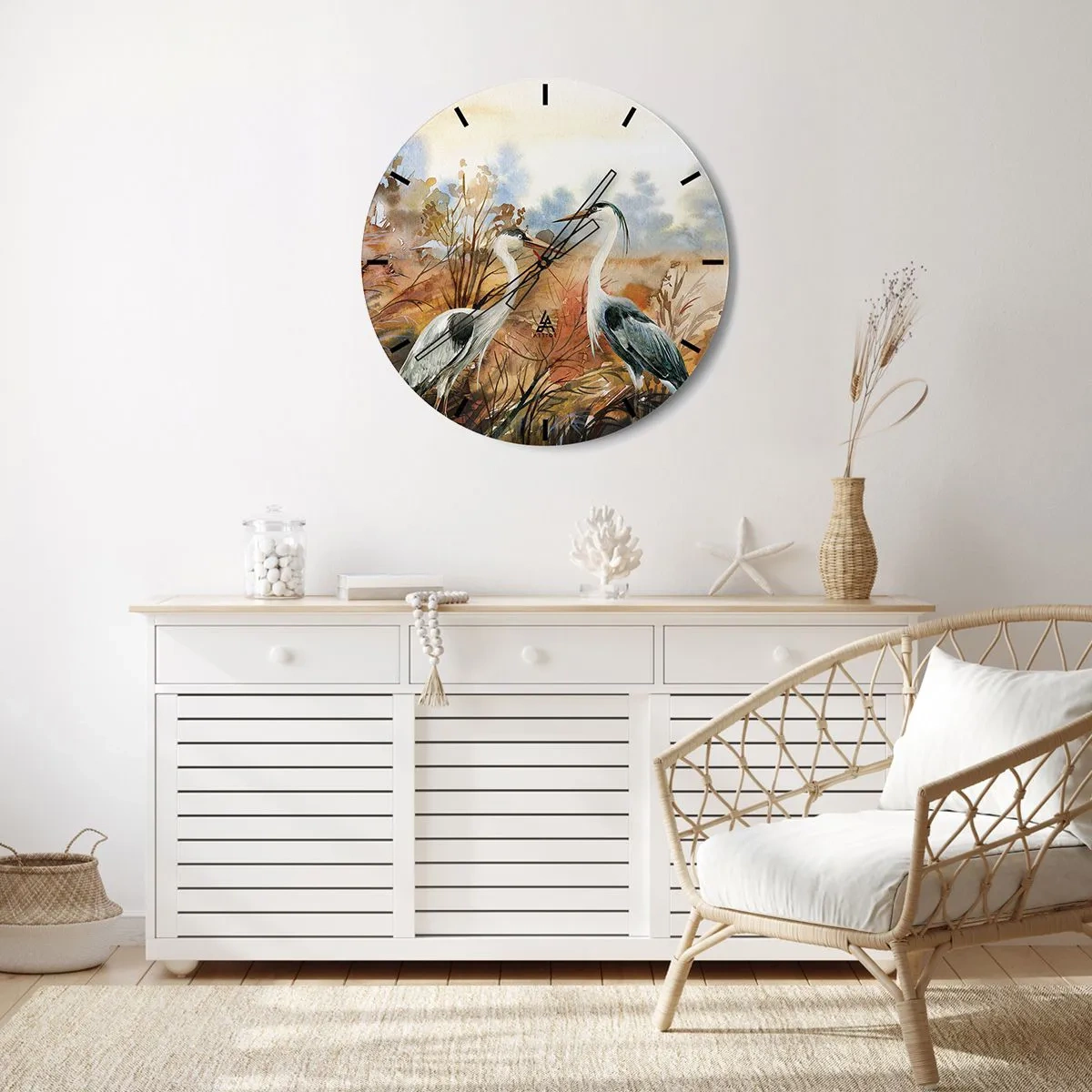 Zegar ścienny - Dwa żurawie w jesiennym krajobrazie malowanym akwarelą - 30x30cm - Dokąd jesienią? - Nowoczesna dekoracja ścienna do salonu, kuchni i sypialni ARTTOR