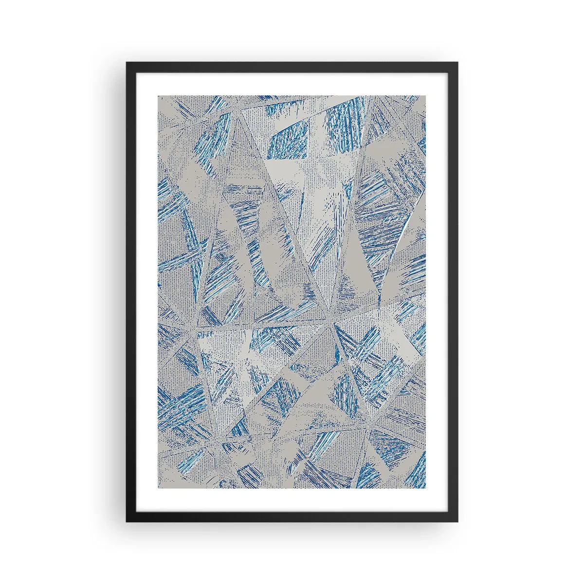 Plakat w czarnej ramie - Geometryczna abstrakcja w odcieniach niebieskiego i szarości - 50x70cm - W szaroniebieskim labiryncie - Nowoczesna dekoracja ścienna do salonu i sypialni ARTTOR