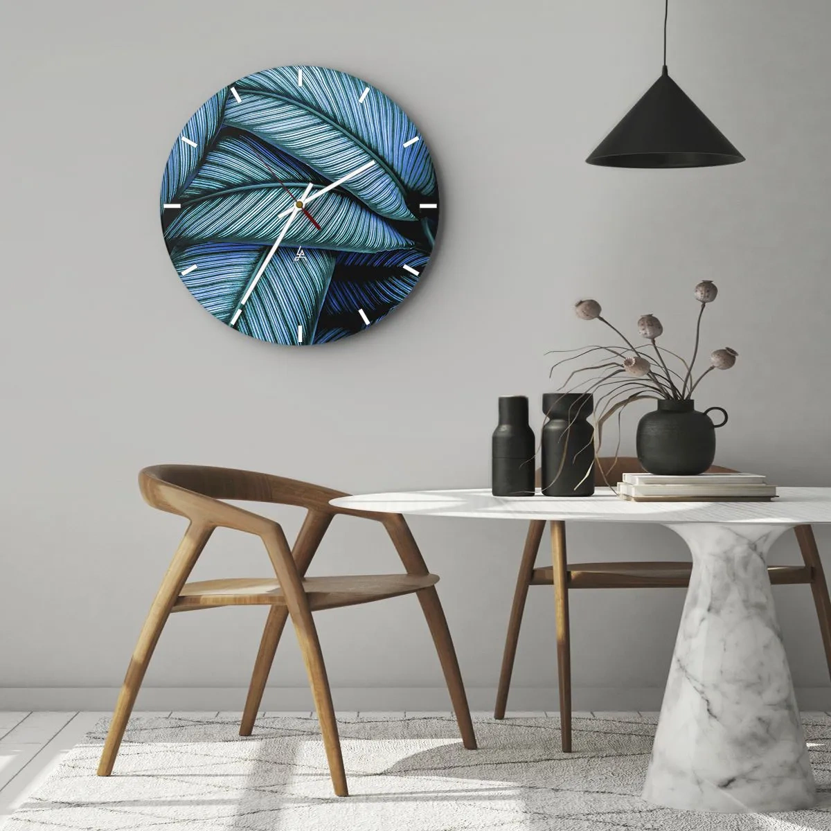 Zegar ścienny - Pióra w odcieniach turkusu i granatu w zbliżeniu - 30x30cm - Linie życia - Nowoczesna dekoracja ścienna do salonu, kuchni i sypialni ARTTOR