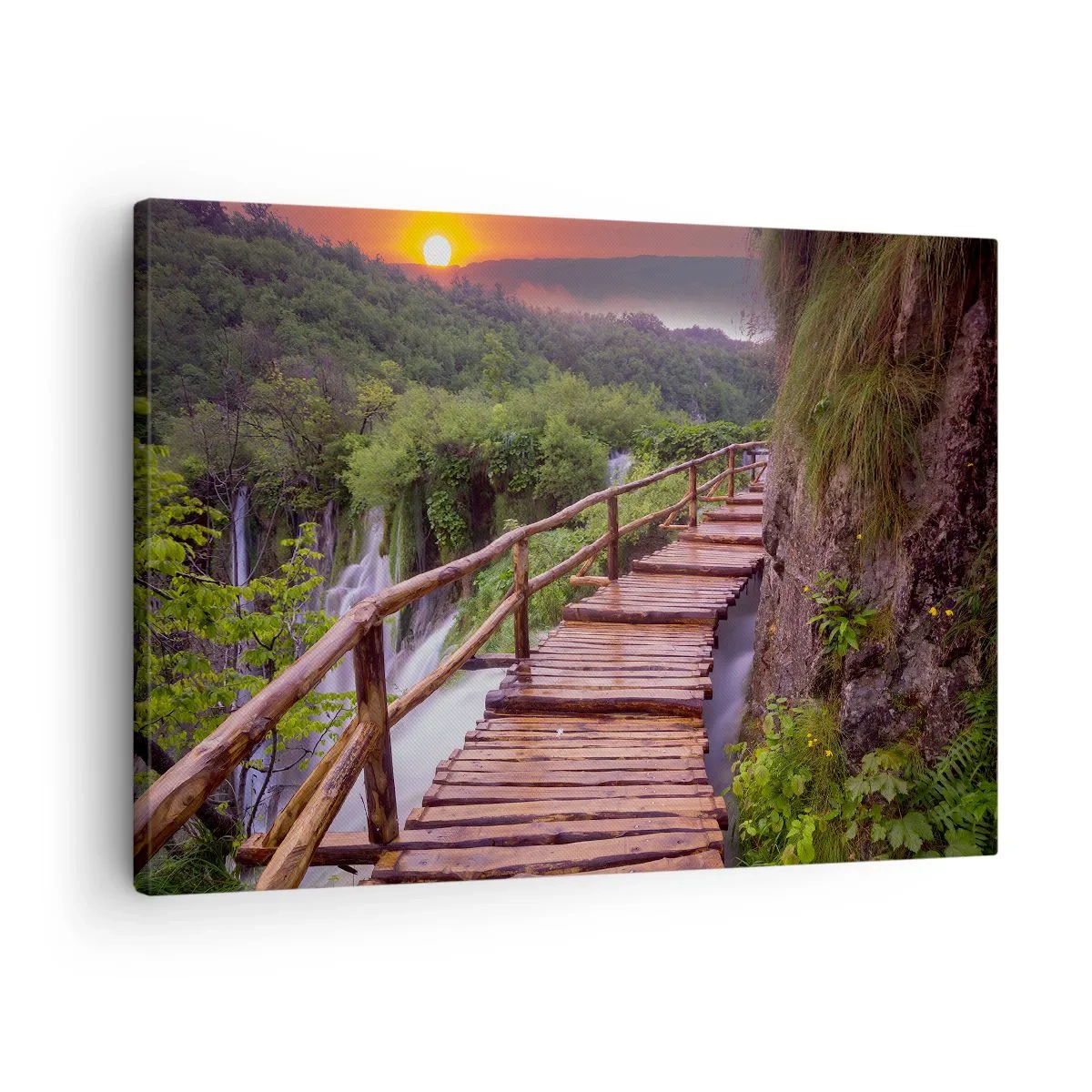Obraz na płótnie - Mostek z widokiem na wodospady o zachodzie słońca - 70x50cm - Piękno nie do uwierzenia - Nowoczesna dekoracja ścienna do salonu i sypialni ARTTOR