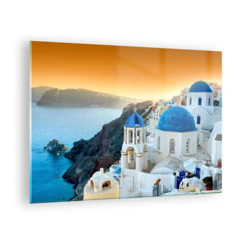 Obraz na szkle - Widok na Santorini z błękitnymi kopułami i klifem - 70x50cm - Santorini - przytulone do skał - Nowoczesna dekoracja ścienna do salonu i sypialni ARTTOR