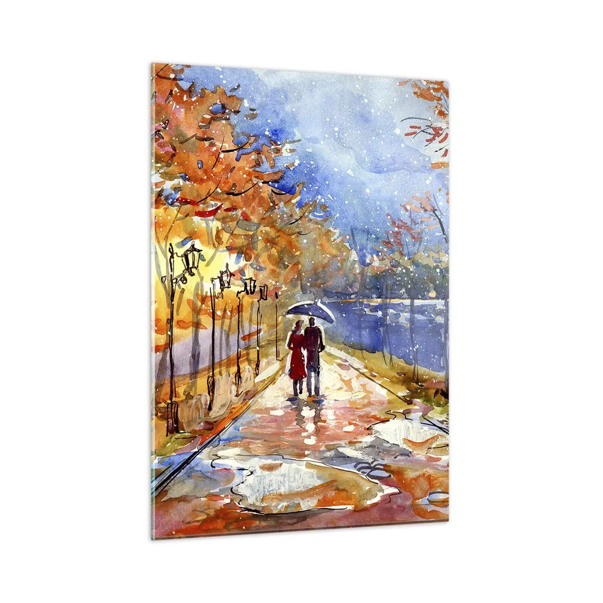 Obraz na szkle - Jesienny spacer wzdłuż alei z kolorowymi liśćmi i latarniami - 50x70cm - Razem do granicy czasu - Nowoczesna dekoracja ścienna do salonu, kuchni i sypialni ARTTOR