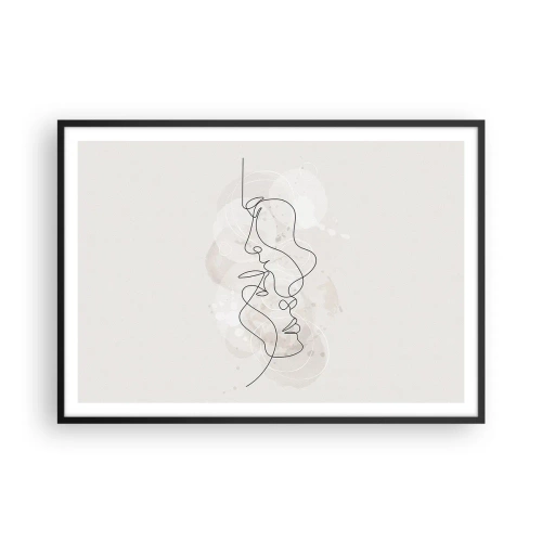 Plakat w czarnej ramie - Abstrakcyjny kontur dwóch twarzy na jasnym tle - 100x70cm - Splątani w uścisku - Nowoczesna dekoracja ścienna do salonu i sypialni ARTTOR