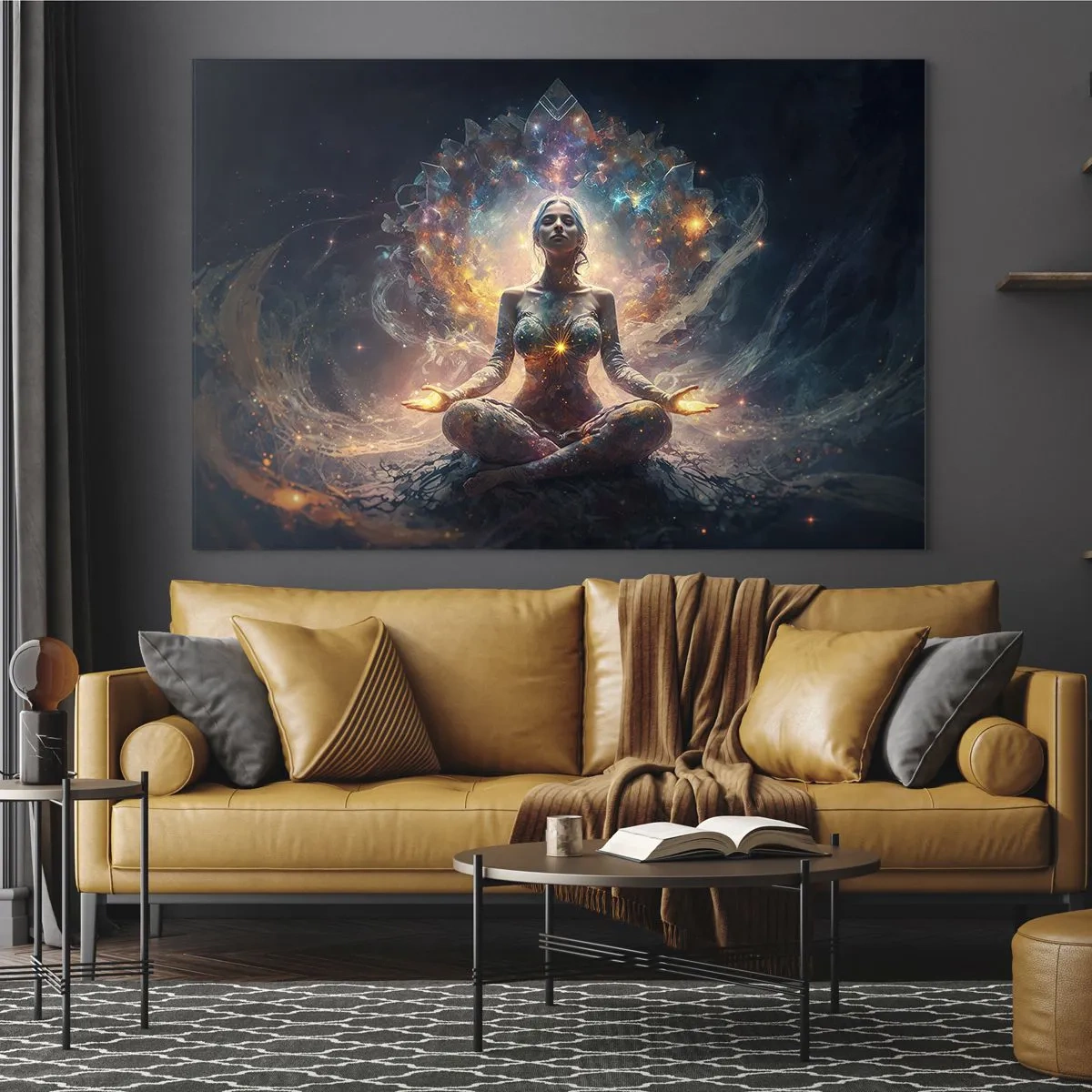Obraz na szkle - Medytująca kobieta w świetlnej aurze energii i barw - 70x50cm - Przepływ dobrej energii - Nowoczesna dekoracja ścienna do salonu i sypialni ARTTOR