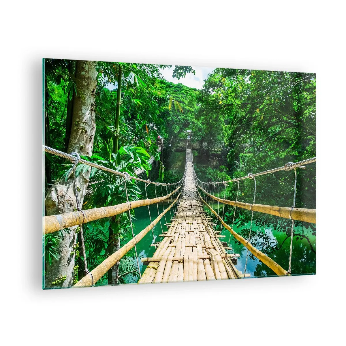 Obraz na szkle - Wiszący most bambusowy wśród tropikalnej zieleni nad rzeką - 70x50cm - Małpi most nad zielenią - Nowoczesna dekoracja ścienna do salonu i sypialni ARTTOR