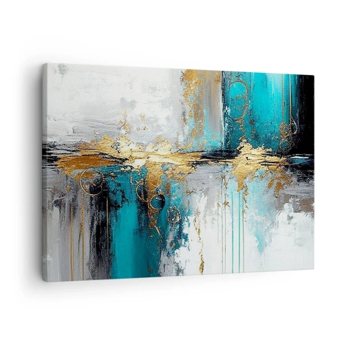 Obraz na płótnie - Abstrakcyjna kompozycja z turkusem i złotymi akcentami - 70x50cm - Wszystko płynie - Nowoczesna dekoracja ścienna do salonu i sypialni ARTTOR