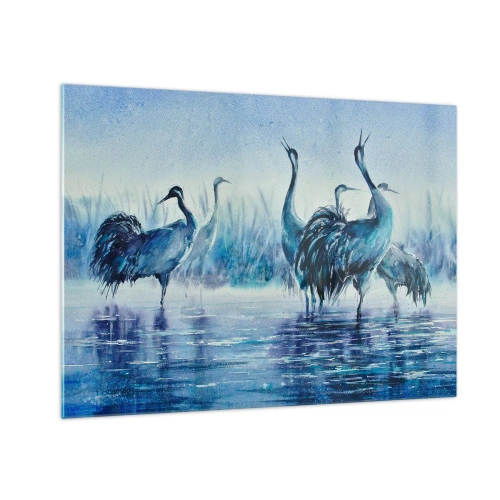 Obraz na szkle - Ptaki brodzące w wodzie w błękitnej tonacji - 70x50cm - Poranne spotkanie - Nowoczesna dekoracja ścienna do salonu i sypialni ARTTOR