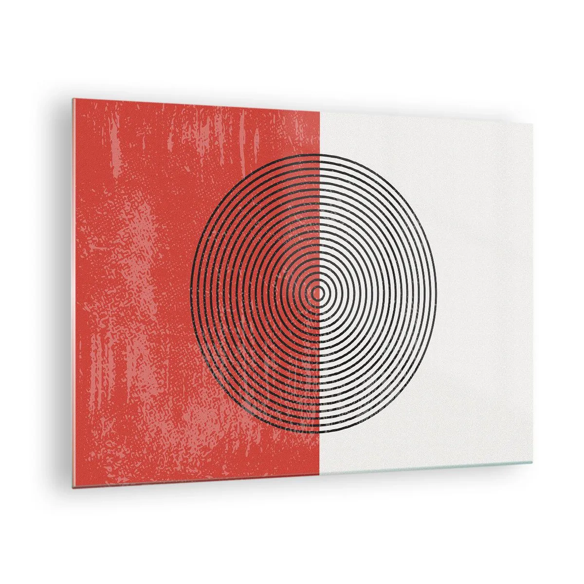Obraz na szkle - Geometryczny wzór z kołem na tle czerwieni i bieli - 70x50cm - W samo sedno - Nowoczesna dekoracja ścienna do salonu i sypialni ARTTOR