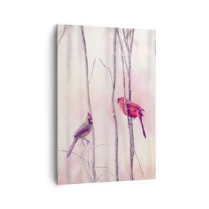 Obraz na płótnie - Para kardynałów na gałęziach w pastelowym krajobrazie - 70x100cm - Opowieść różowego lasu - Nowoczesna dekoracja ścienna do salonu i sypialni ARTTOR