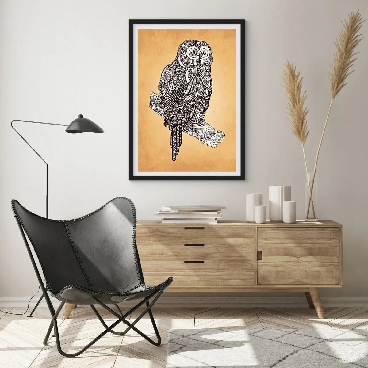 Plakat w czarnej ramie - Stylizowana sowa w ornamentowym wzorze na beżowym tle - 50x70cm - Misterne ornamenty mądrości - Nowoczesna dekoracja ścienna do salonu i sypialni ARTTOR