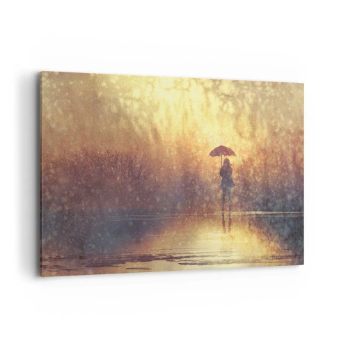 Obraz na płótnie - Postać z parasolem w mglistym krajobrazie pełnym refleksji - 100x70cm - Czuję, że ktoś na mnie patrzy - Nowoczesna dekoracja ścienna do salonu, kuchni i sypialni ARTTOR