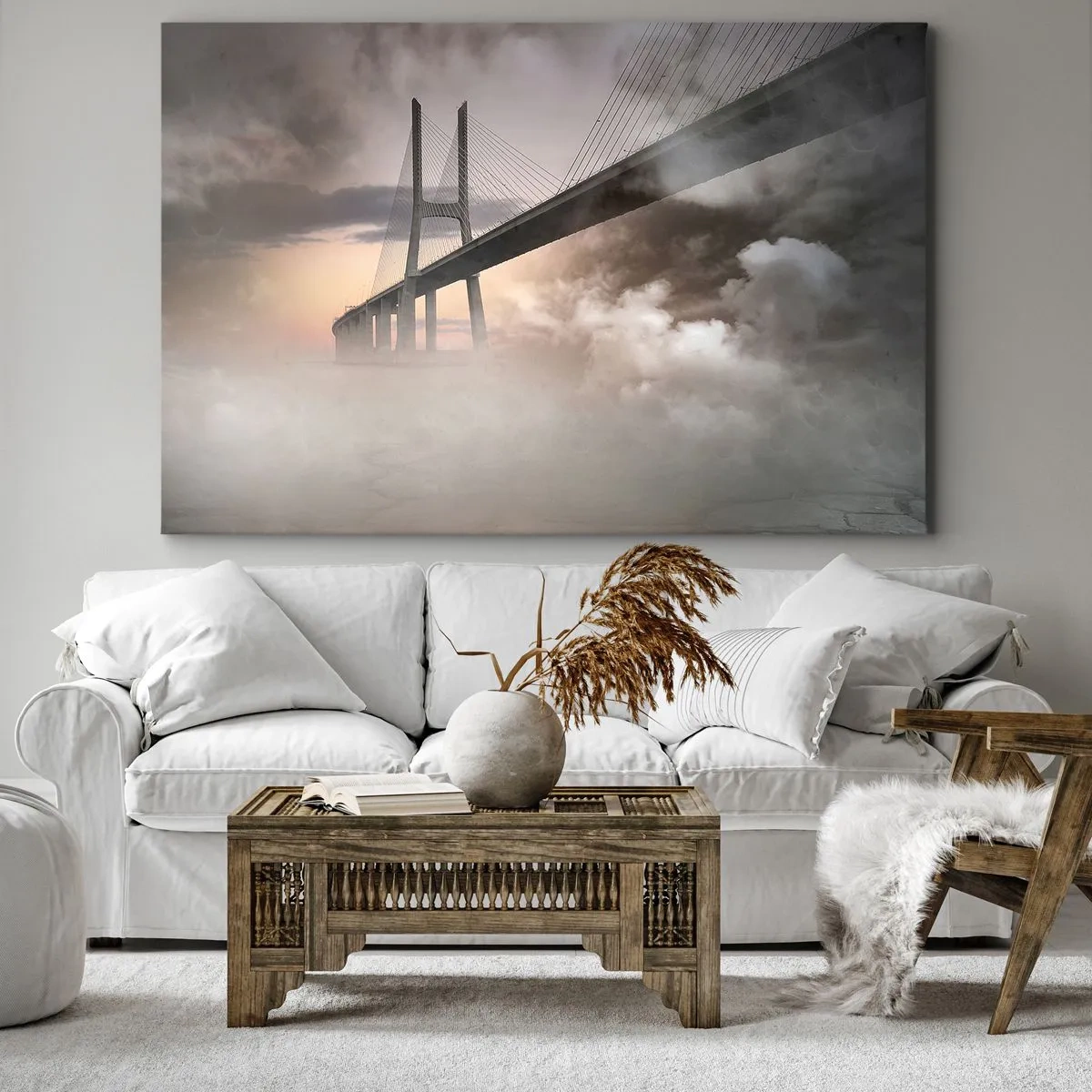Obraz na płótnie - Most nad rzeką w otoczeniu mgły o poranku - 70x50cm - Nad rzeką, której nie ma - Nowoczesna dekoracja ścienna do salonu i sypialni ARTTOR