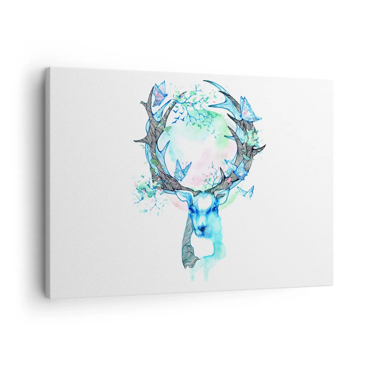 Obraz na płótnie - Fantazyjna grafika jelenia z motywem natury i motyli - 70x50cm - Siła i delikatność natury - Nowoczesna dekoracja ścienna do salonu i sypialni ARTTOR