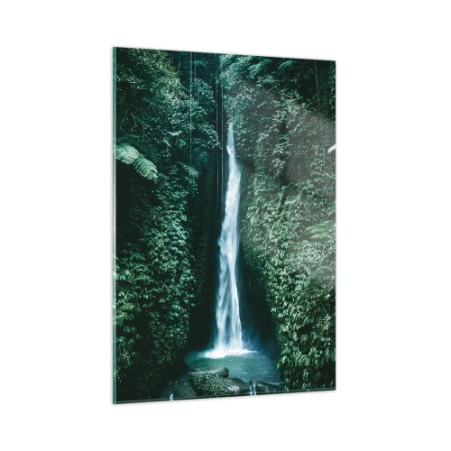 Obraz na szkle - Wodospad pośród gęstej tropikalnej roślinności - 50x70cm - Tropikalny zdrój - Nowoczesna dekoracja ścienna do salonu, kuchni i sypialni ARTTOR