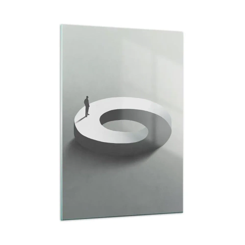 Obraz na szkle - Minimalistyczna sylwetka człowieka na białym pierścieniu - 50x70cm - I bądź tu mądry - Nowoczesna dekoracja ścienna do salonu, kuchni i sypialni ARTTOR