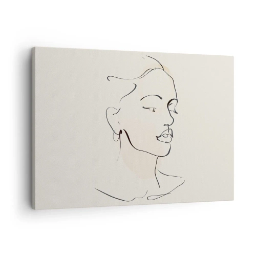 Obraz na płótnie - Delikatny szkic kobiecej twarzy na jasnym tle - 70x50cm - Pewną kreską - Nowoczesna dekoracja ścienna do salonu i sypialni ARTTOR