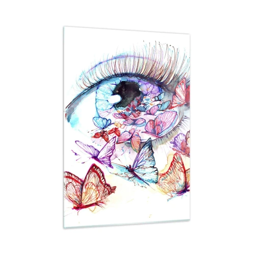Obraz na szkle - Kobiece oko otoczone kolorowymi motylami w stylu akwareli - 50x70cm - Bajkowy oczu czar - Nowoczesna dekoracja ścienna do salonu, kuchni i sypialni ARTTOR