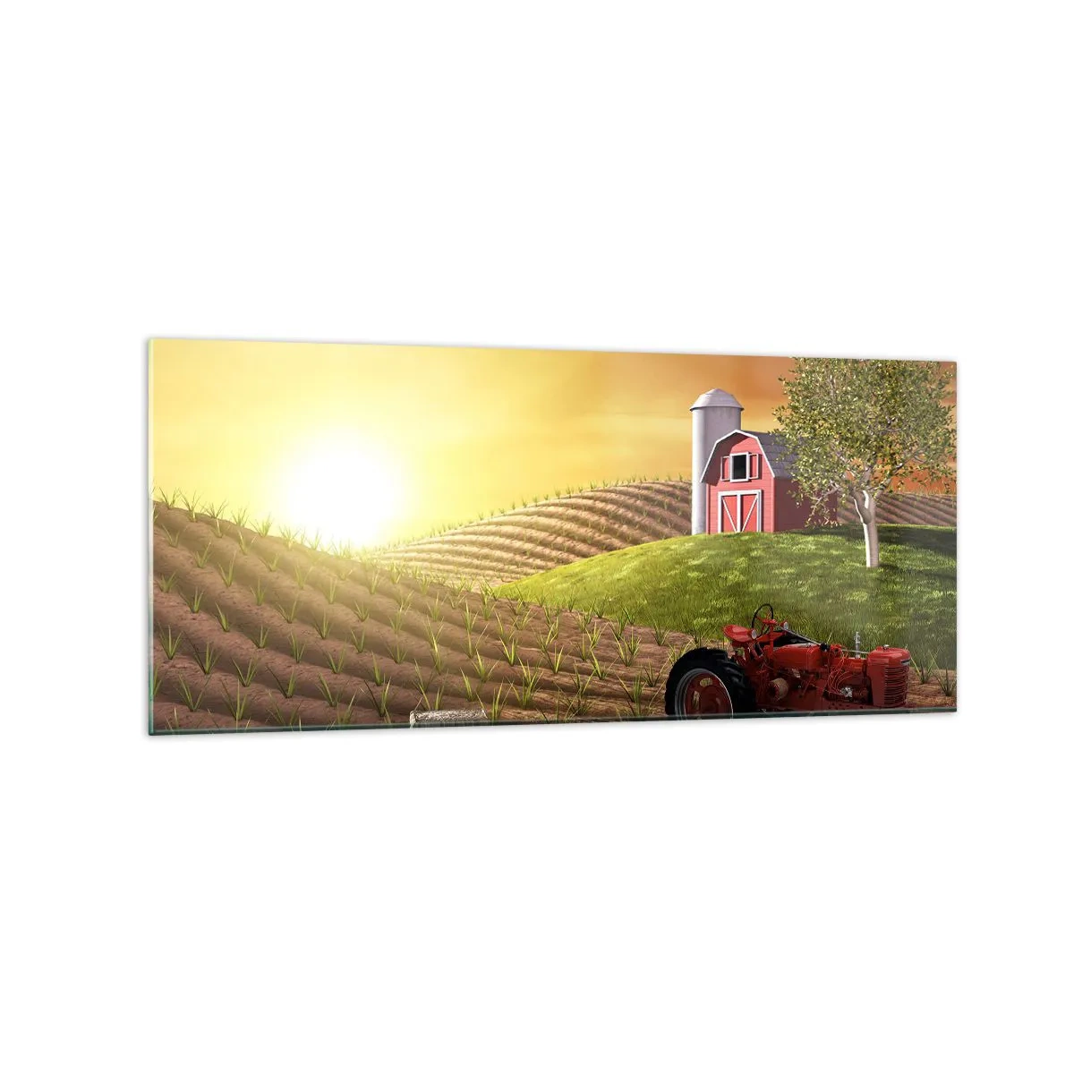 Obraz na szkle - Wiejski krajobraz z czerwoną stodołą, traktorem i wschodem słońca - 120x50cm - Farma jak z bajki - Nowoczesna dekoracja ścienna do salonu i sypialni ARTTOR