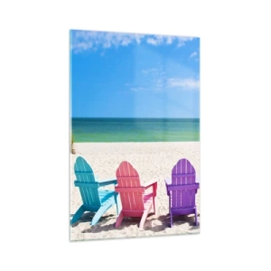 Obraz na szkle - Kolorowe leżaki na plaży z widokiem na morze - 70x100cm - Tęczowa plaża - Nowoczesna dekoracja ścienna do salonu i sypialni ARTTOR